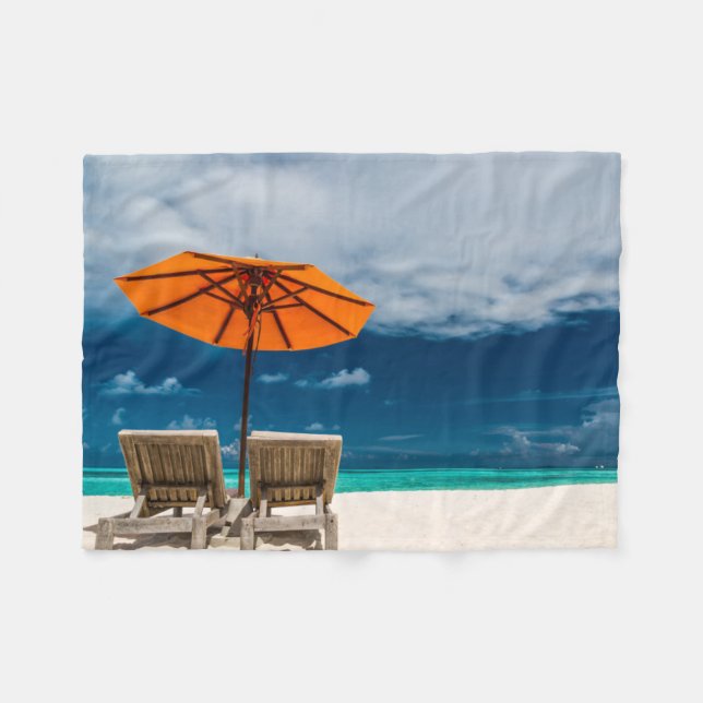 Sun Umbrella On Sandy Beach |Maldives Fleece Blanket (Front (Horizontal))