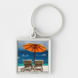 Sun Umbrella On Sandy Beach Maldives Key Ring