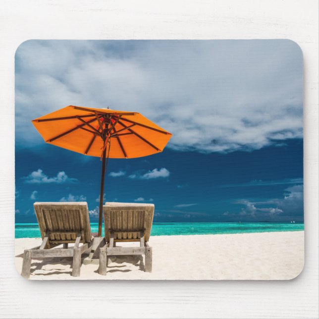 Sun Umbrella On Sandy Beach |Maldives Mouse Pad (Front)