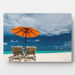 Sun Umbrella On Sandy Beach  Maldives Plaque