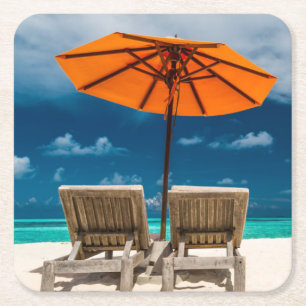 Sun Umbrella On Sandy Beach  Maldives Square Paper Coaster