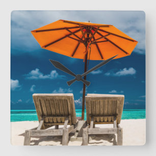 Sun Umbrella On Sandy Beach Maldives Square Wall Clock