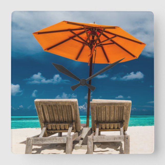 Sun Umbrella On Sandy Beach |Maldives Square Wall Clock (Front)