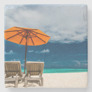 Sun Umbrella On Sandy Beach Maldives Stone Coaster