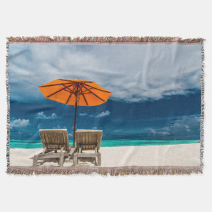 Sun Umbrella On Sandy Beach  Maldives Throw Blanket
