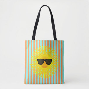 Sun w/Dark Sunglasses on Aqua & Orange Stripes Tote Bag