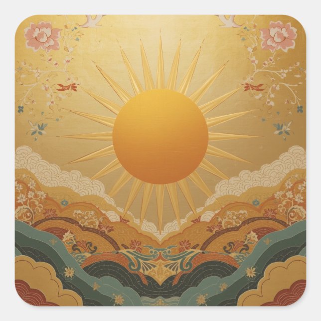 Sun With Stylised Rays Painting Images Square Sticker (Front)