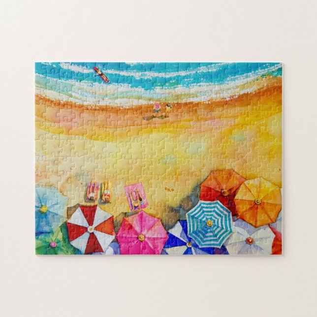 Sunbathers Colourful Beach Umbrellas Jigsaw Puzzle (Horizontal)