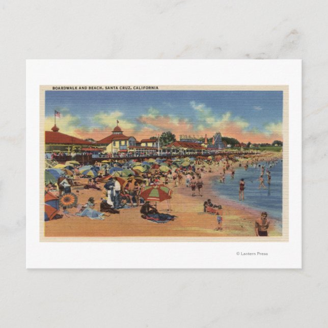 Sunbathers & Swimmers on Boardwalk & Beach Postcard (Front)