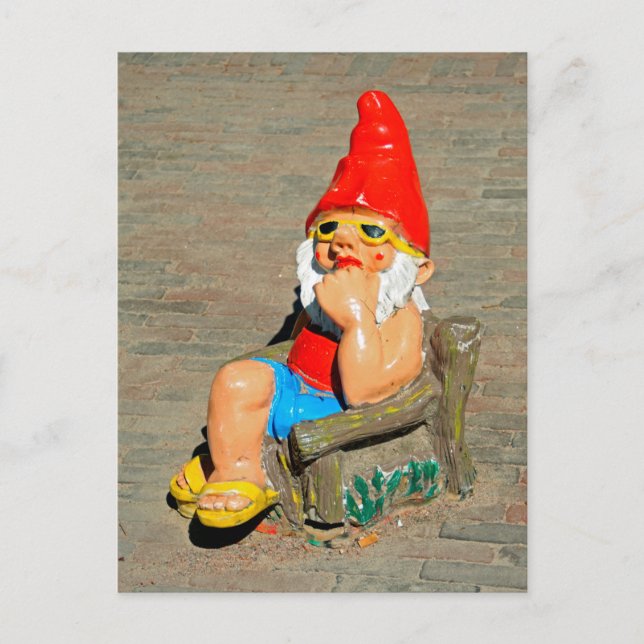 Sunbathing garden gnome postcard (Front)