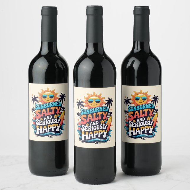 Sunburned Salty and Happy – Retro Beach Vibes Wine Label (Bottles)
