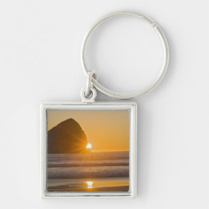 Sunburst And Haystack Rock At Cape Kiwanda Key Ring