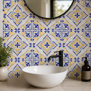 Sunburst Bloom Elegant Blue Gold Floral Mosaic Ceramic Tile