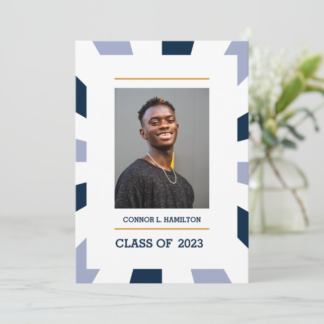 Sunburst | Blue periwinkle white Photo Graduation Invitation (Standing Front)
