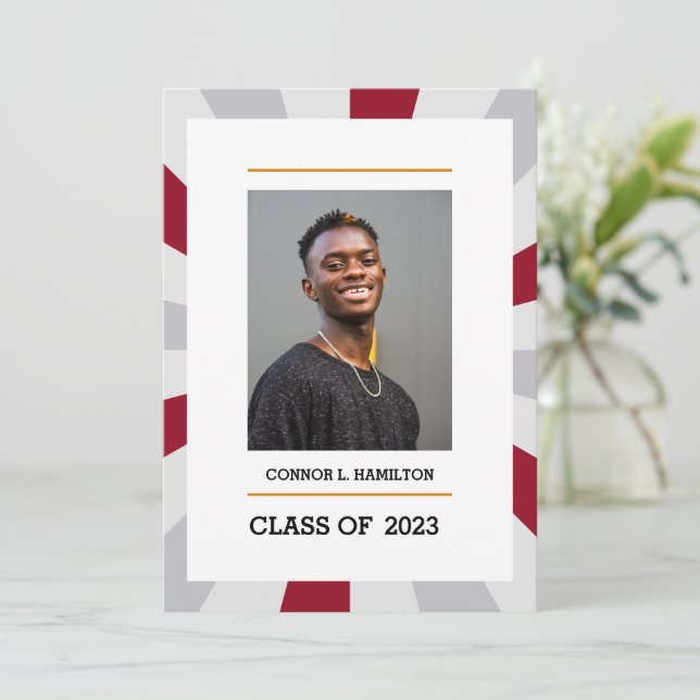 Sunburst | Crimson and Grey Photo Graduation Invitation (Standing Front)