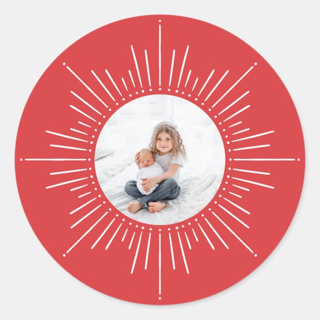 Sunburst Custom Photo | Red Christmas Classic Round Sticker (Front)