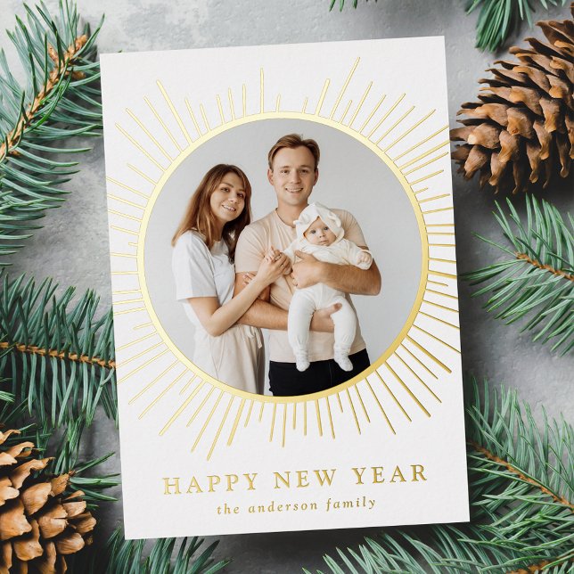 Sunburst Happy New Year Photo Foil Holiday Card (Creator Uploaded)