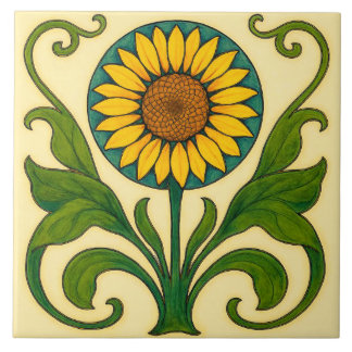 Sunburst Harmony: Nouveau Sunflower  Ceramic Tile