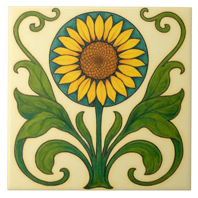Sunburst Harmony: Nouveau Sunflower  Ceramic Tile (Front)