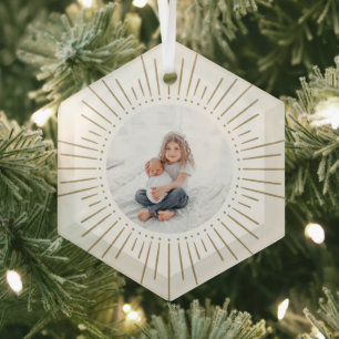 Sunburst Personalised Photo White and Gold Glass Tree Decoration