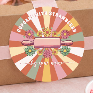 Sunburst Retro Floral Pink Bakery box Packaging Classic Round Sticker