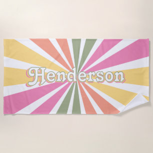 Sunburst Retro Style Green Pink White MultiColor Beach Towel