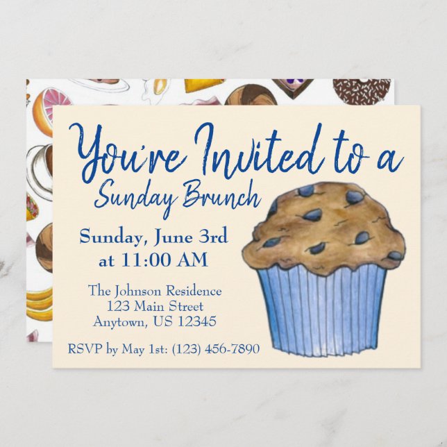 Sunday Breakfast Brunch Blueberry Muffin Invitation (Front/Back)