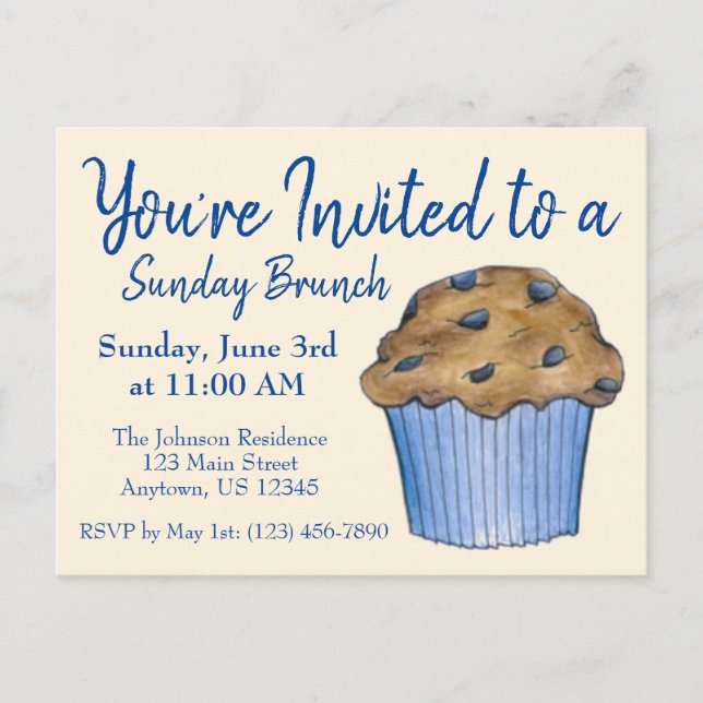 Sunday Breakfast Brunch Party Blueberry Muffin Invitation Postcard (Front)