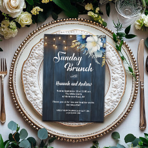 Sunday Brunch Blue Wood String Lights Wedding  Invitation