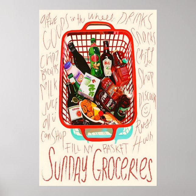 Sunday Groceries Print Red Shopping Basket, Foodie (Front)
