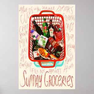 Sunday Groceries Print Red Shopping Basket, Foodie