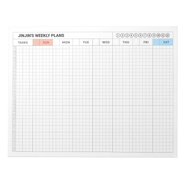 SUNDAY Start Weekly Plan Minimalist GRID Format Notepad (Front)