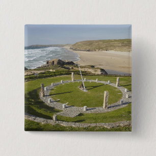 Sundial and Perran Beach, Perranporth, Cornwall, 15 Cm Square Badge