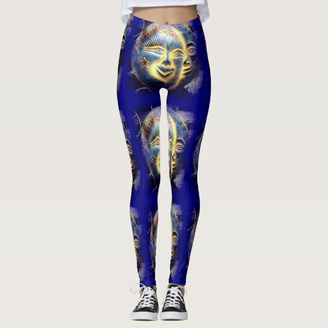 sunface moon face dark blue leggings (Front)