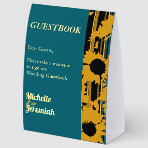 Sunflowеr Teal Blue Gold Modern Wedding Guestbook