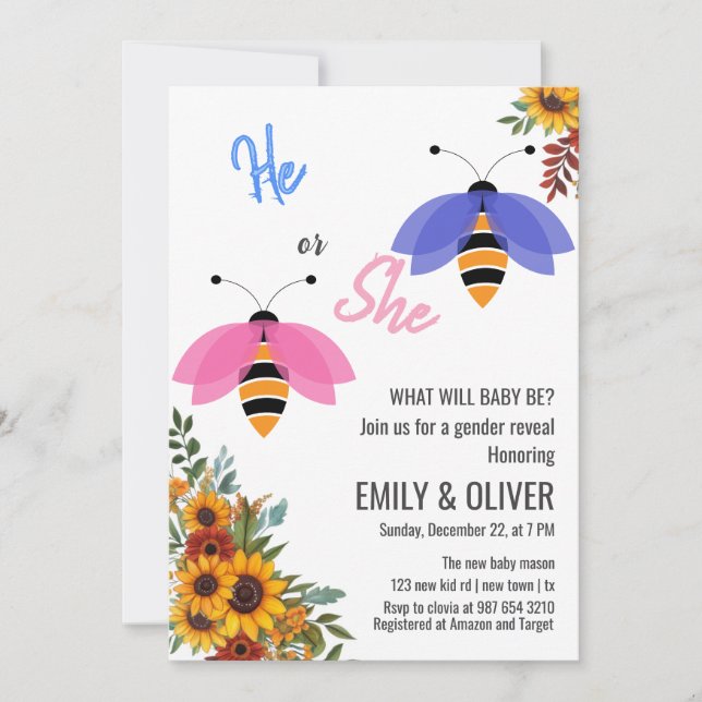 Sunflowe bee bird boy or girl gender reveal party invitation (Front)