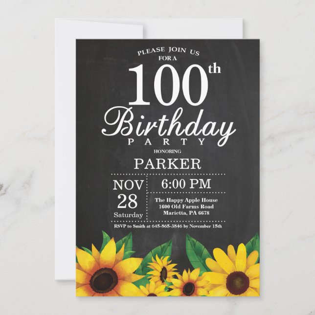 Sunflower 100th Birthday Invitation (Front)