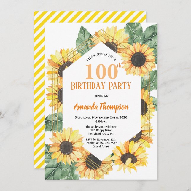 Sunflower 100th Birthday Party Celebration Women Invitation (Front/Back)
