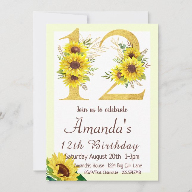Sunflower 12th Birthday  Invitation (Front)