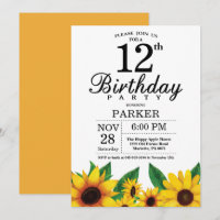 Sunflower 12th Birthday Invitation