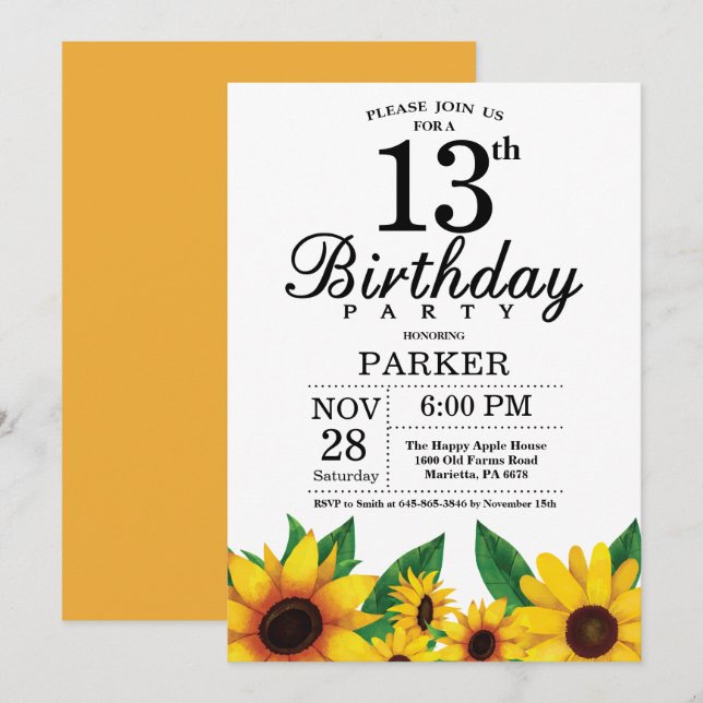 Sunflower 13th Birthday Invitation (Front/Back)