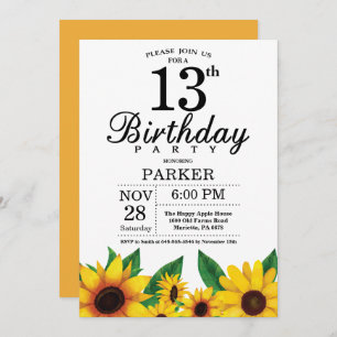 Sunflower 13th Birthday Invitation