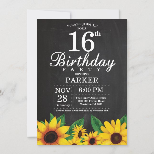 Sunflower 16th Birthday Invitation (Front)