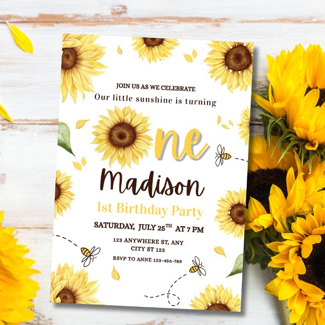 Sunflower 1st Birthday Invite, Sunshine Bee Party Invitation (Creator Uploaded)