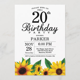 Sunflower 20th Birthday Invitation