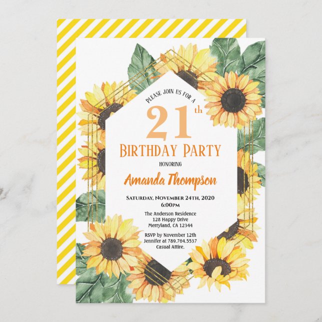 Sunflower 21st Birthday Party Celebration Women Invitation (Front/Back)
