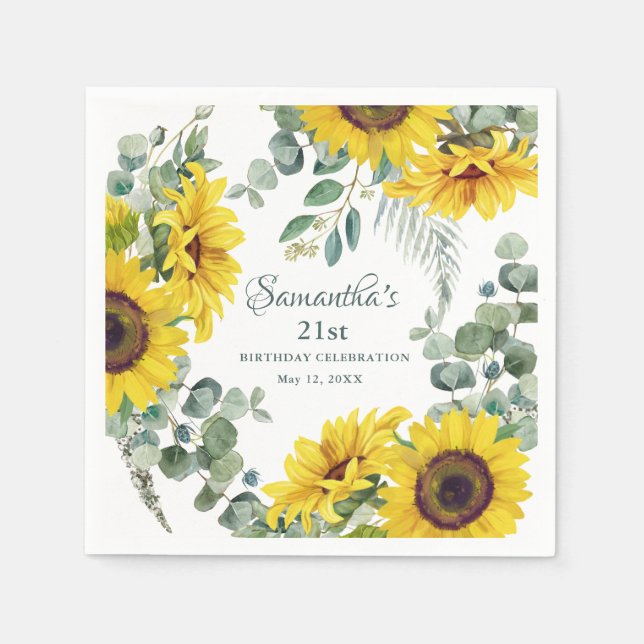 Sunflower 21st Birthday Party Napkin (Front)