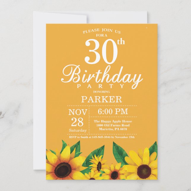 Sunflower 30th Birthday Invitation (Front)