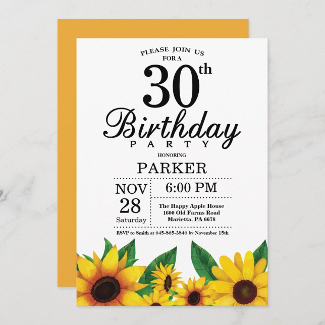 Sunflower 30th Birthday Invitation (Front/Back)