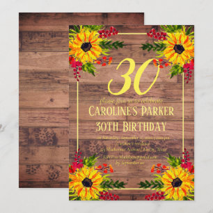 Sunflower 30th Birthday Wood Floral Adult Invitation